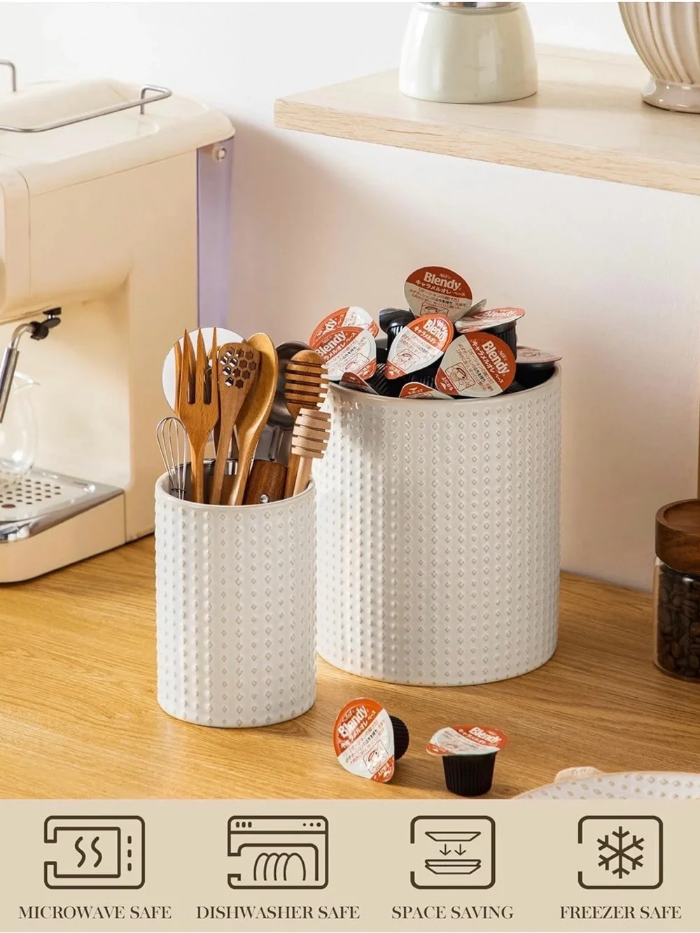 White Ceramic Utensil Holder - Textured Kitchen Crock